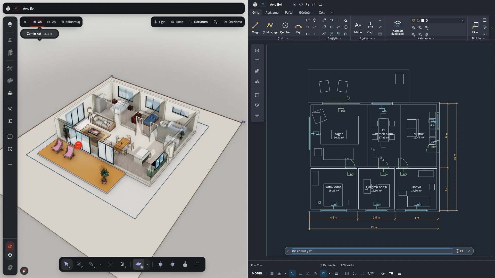 Avlu Evi örnek projesini gösteren Mimart Labs 3B editörü solda, CAD editörü sağda