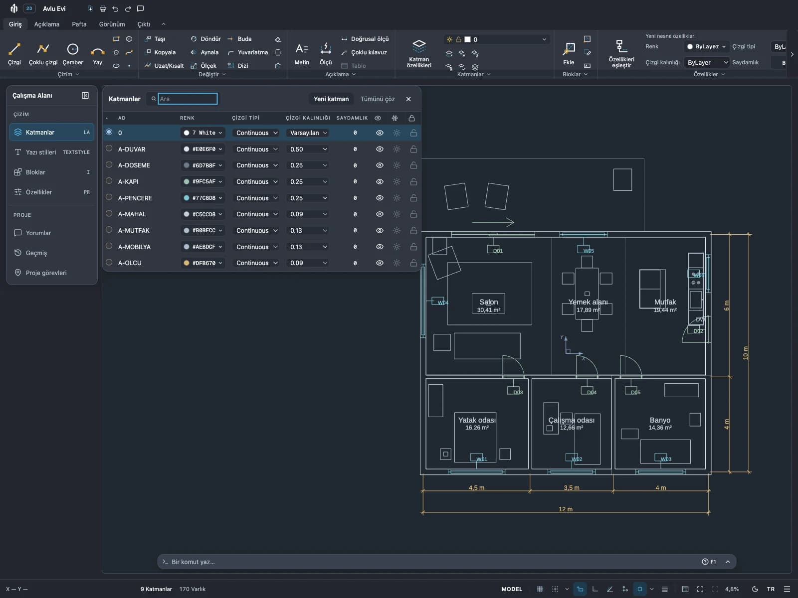 Ölçüler ve katman paneliyle düzenlenebilir bir CAD kat planı