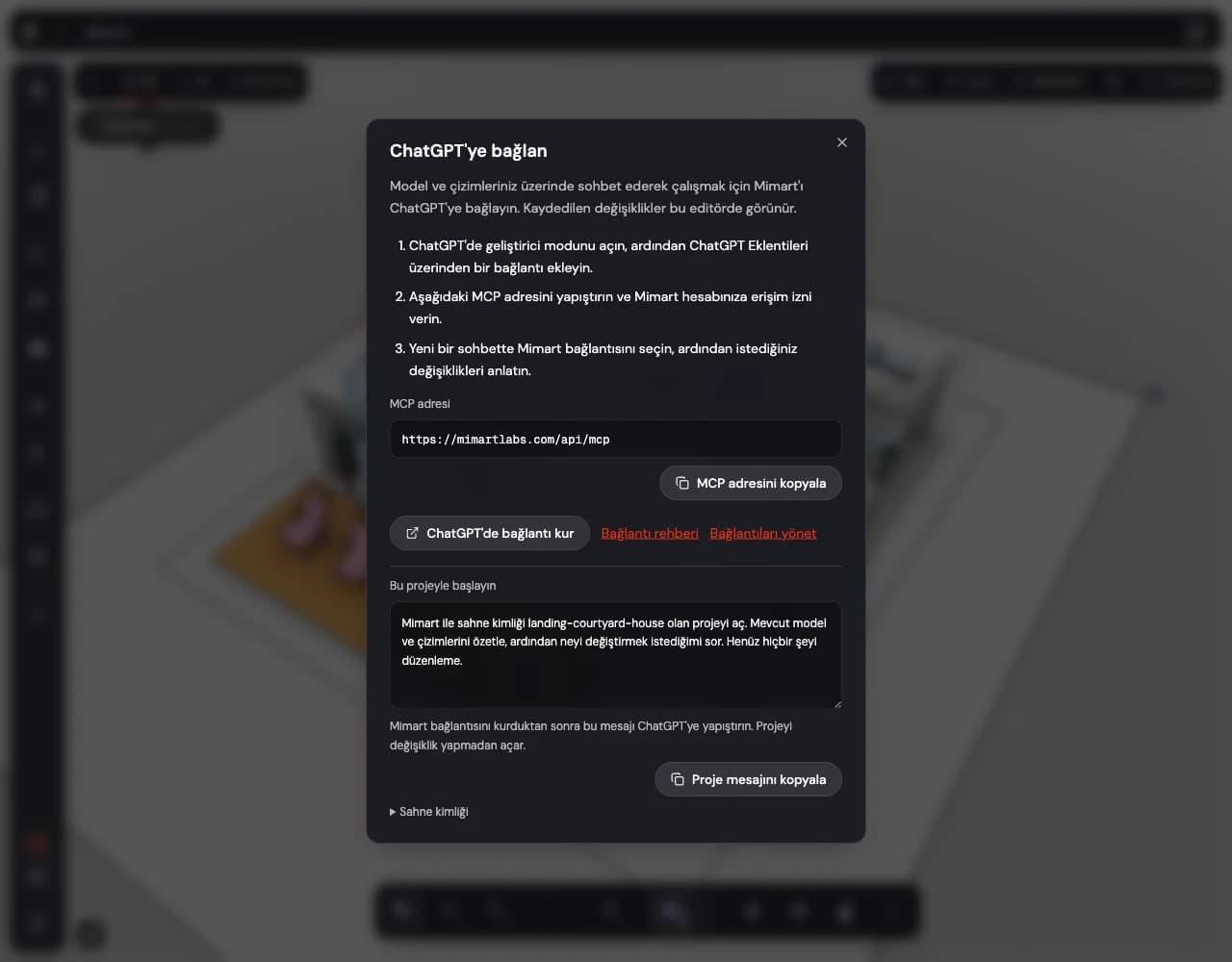 MCP adresi ve örnek projeyi ChatGPT’de açmak için hazır mesajla Mimart Labs bağlantı penceresi