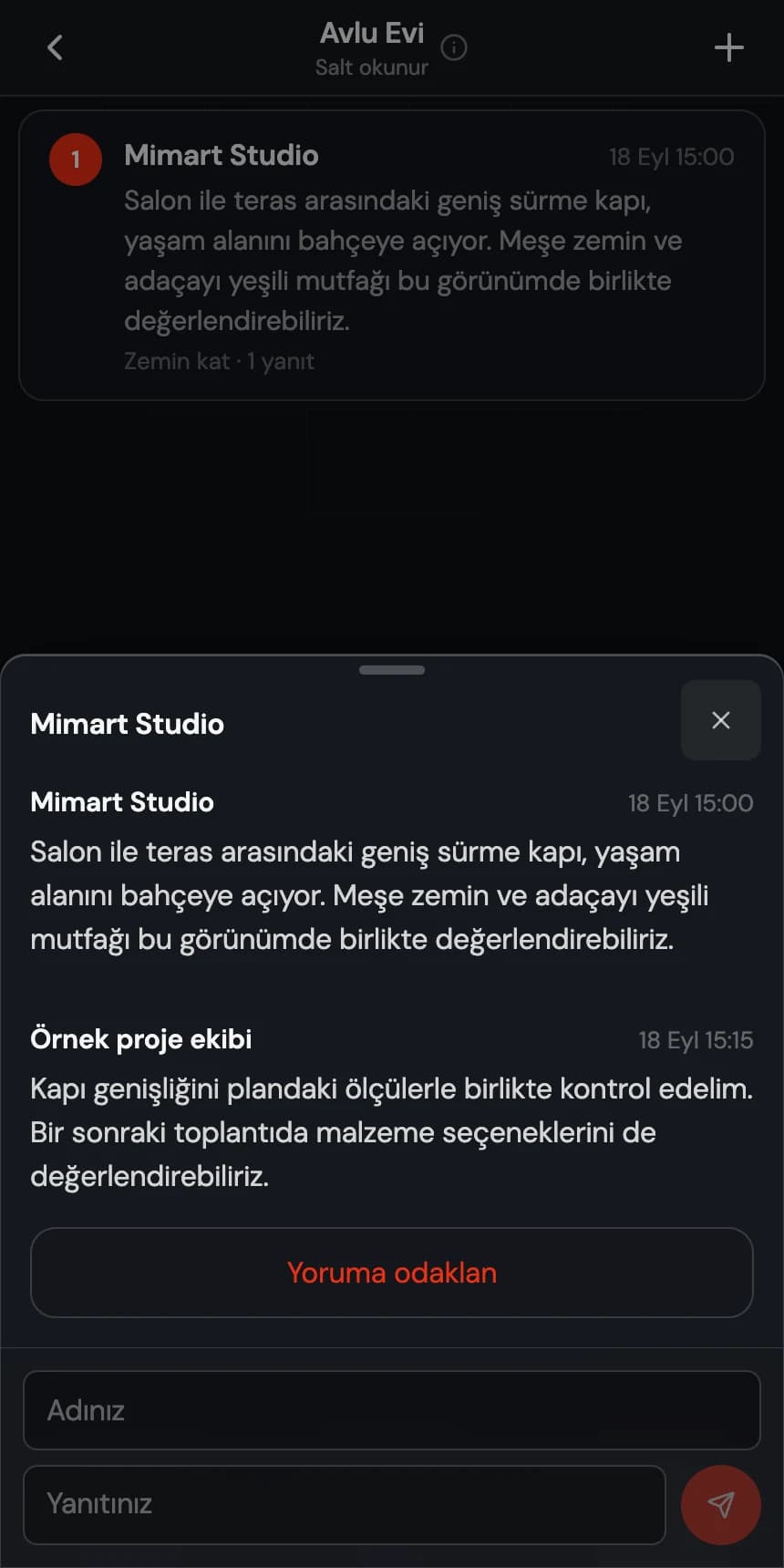 Mimart Labs mobil değerlendirme arayüzünde örnek bir proje yorumu ve yanıtı