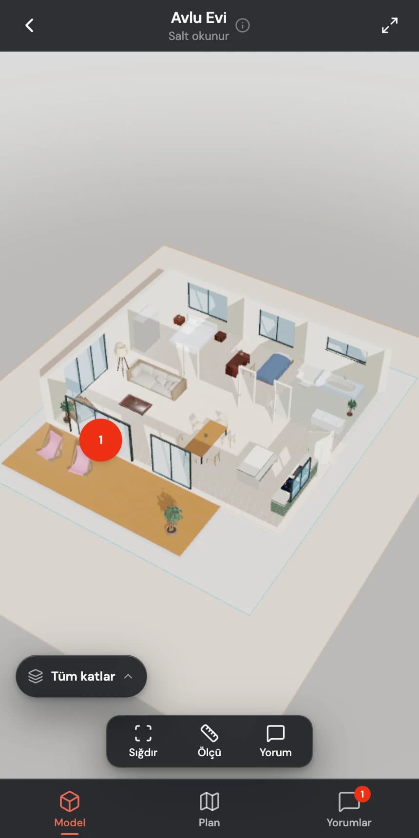 Model, plan ve yorum sekmeleriyle Mimart Labs mobil 3B görüntüleyicide Avlu Evi