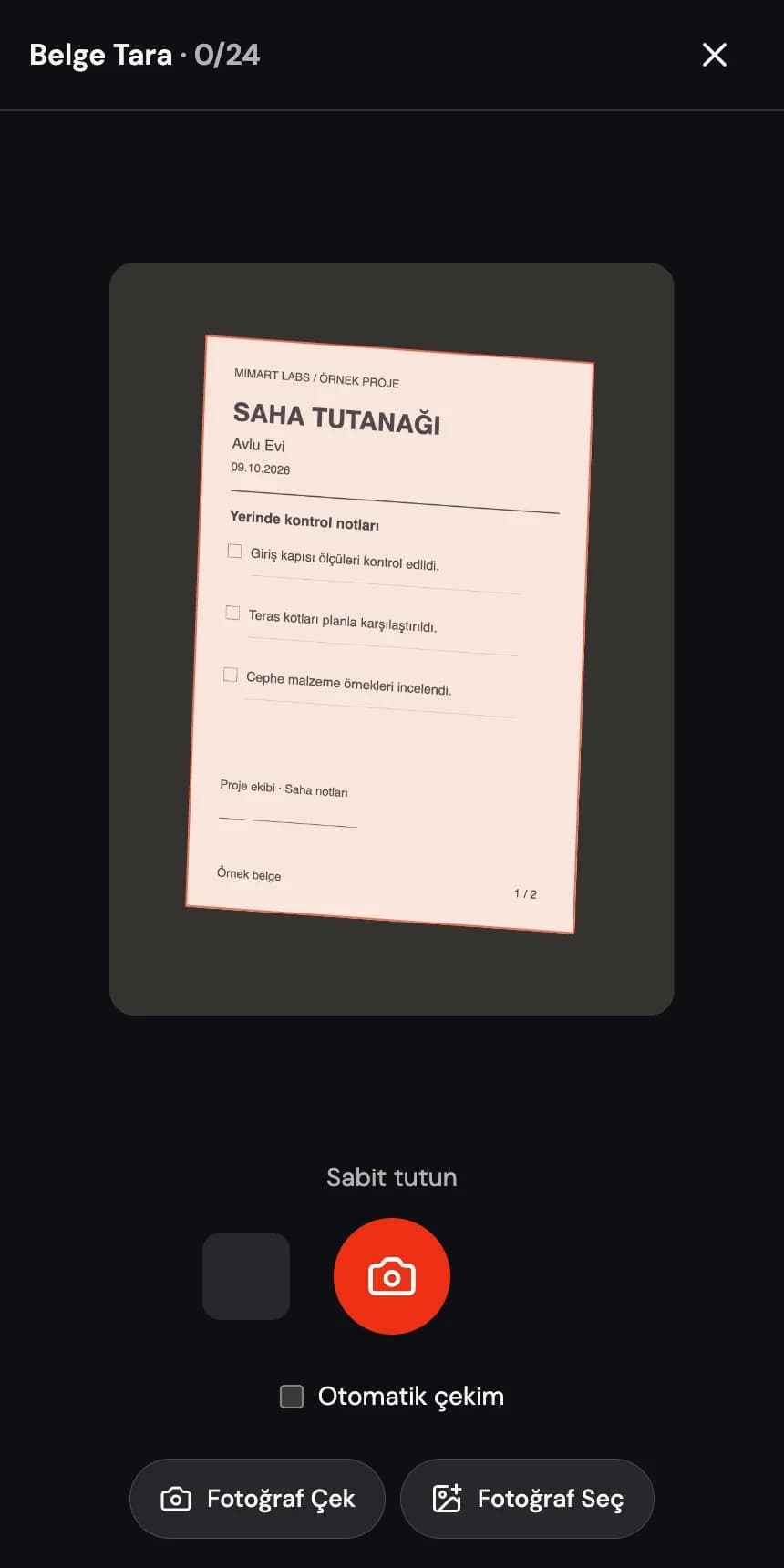Örnek saha tutanağının kenarlarını algılayan mobil belge tarayıcı