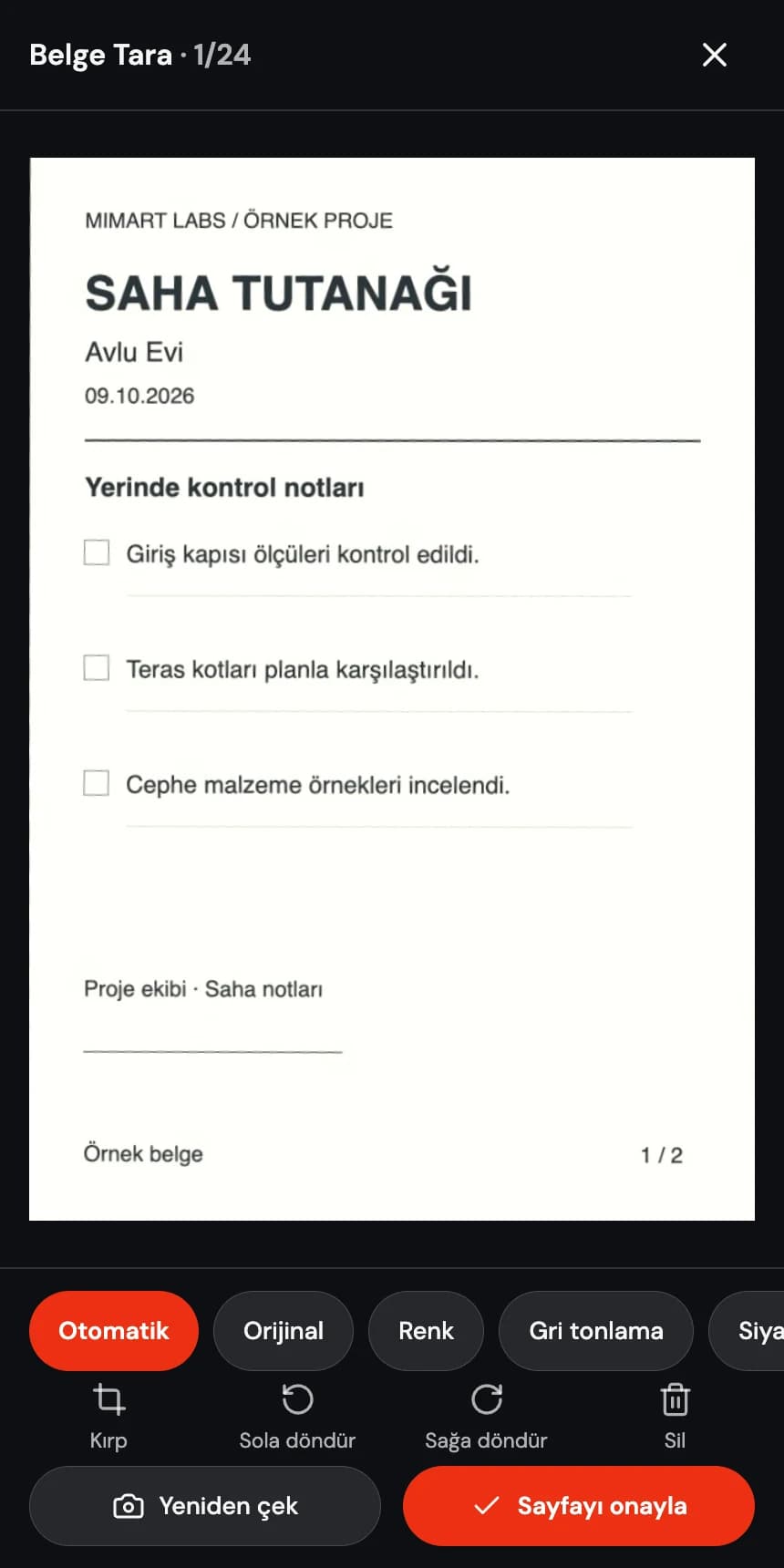 Kırpma, döndürme ve filtre kontrolleriyle mobil sayfa düzenleyicide taranmış saha tutanağı