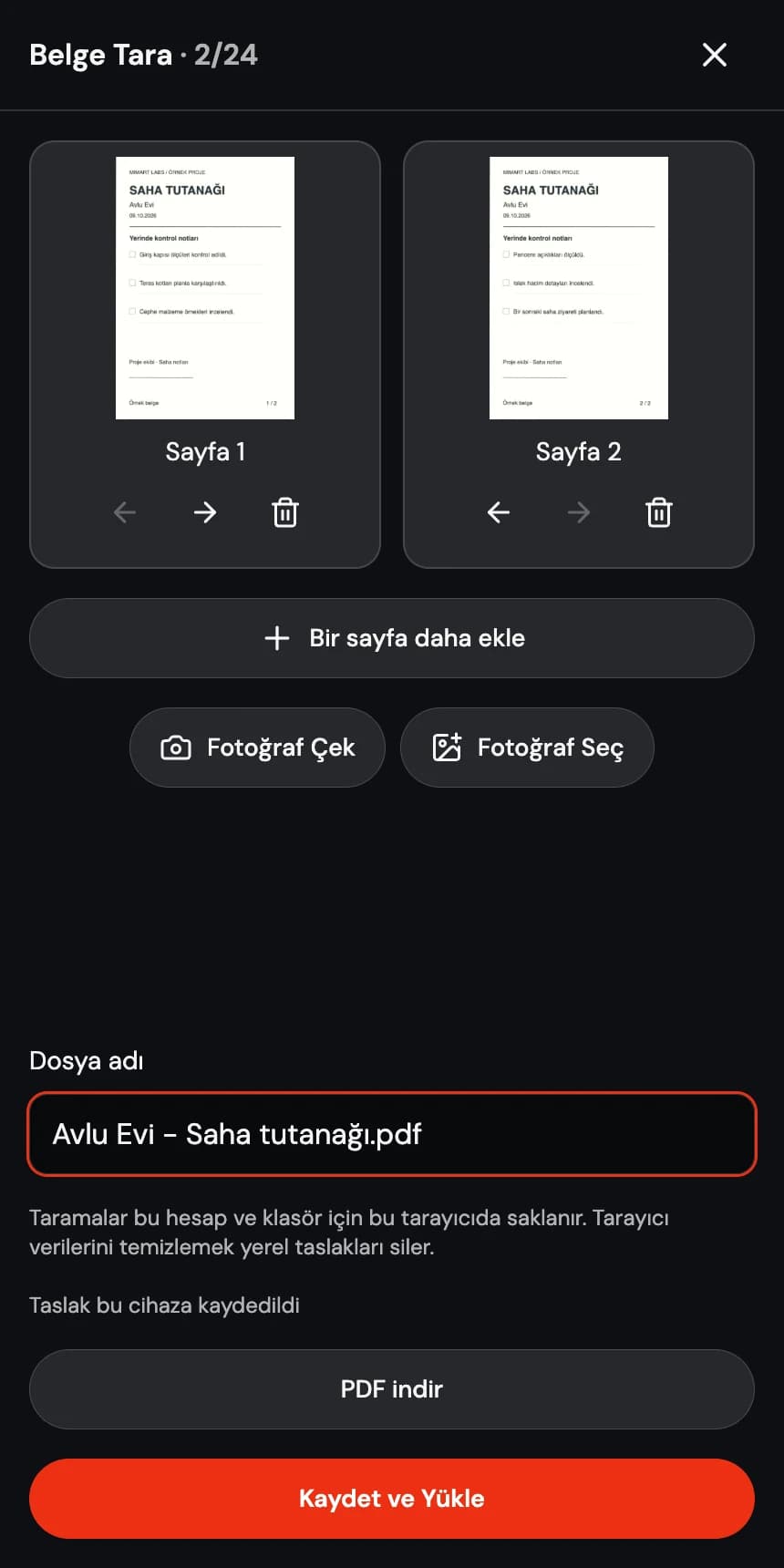 Mobil belge tarayıcıda adlandırılıp PDF olarak kaydedilmeye hazır iki taranmış sayfa