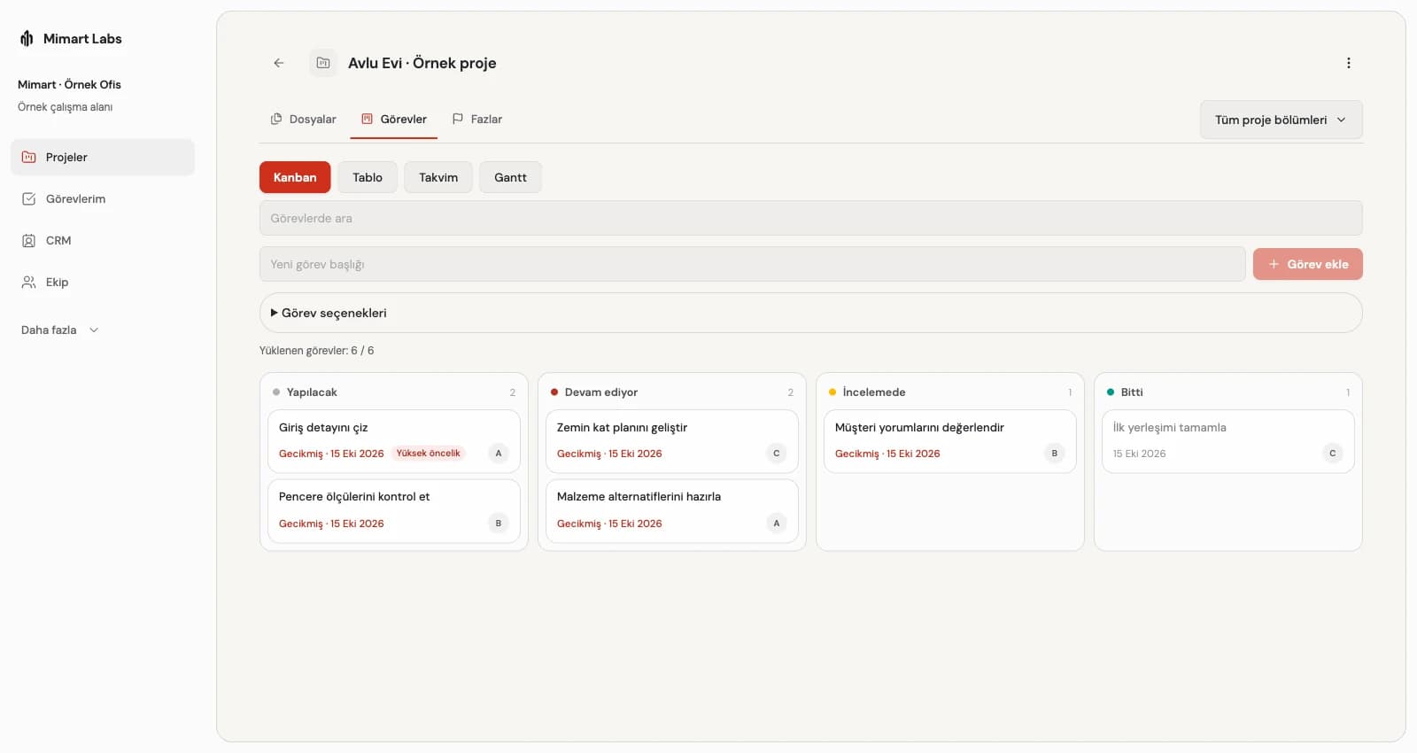 Örnek proje, atanmış görevler ve Kanban panosuyla Mimart Labs Pro çalışma alanı